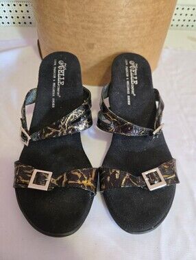 Helle Black and Metallic Brown Patterned Slide Sandals